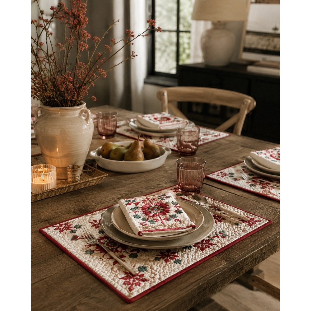 Pottery Barn Maisie Set of 4 Quilted Floral Placemats Cream/Red/Green Cotton